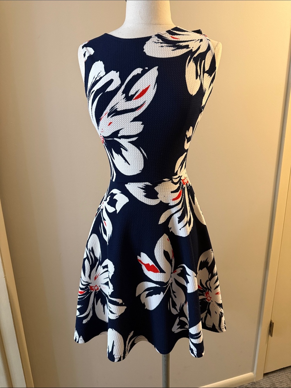 Aqua Navy Floral Sleeveless Fit-and-Flare Dress with White & Red Accents
